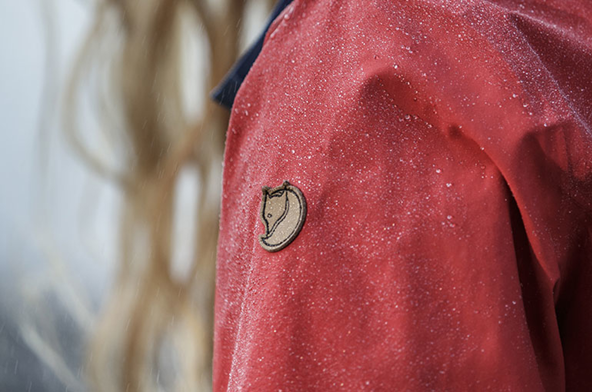 Closeup of fjallraven leather patch logo